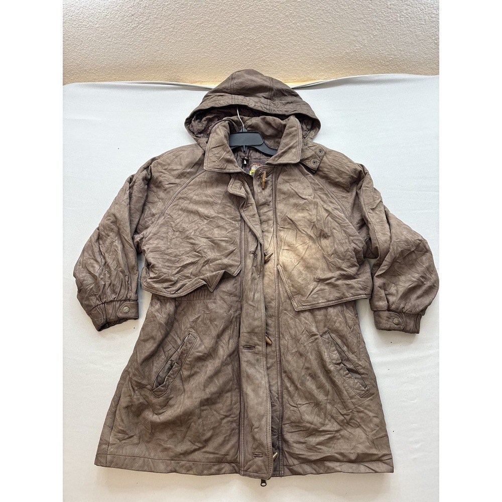 Adventure Bound Wilsons Leather Hooded Trench Coat Jacket Mens Brown XL Vintage